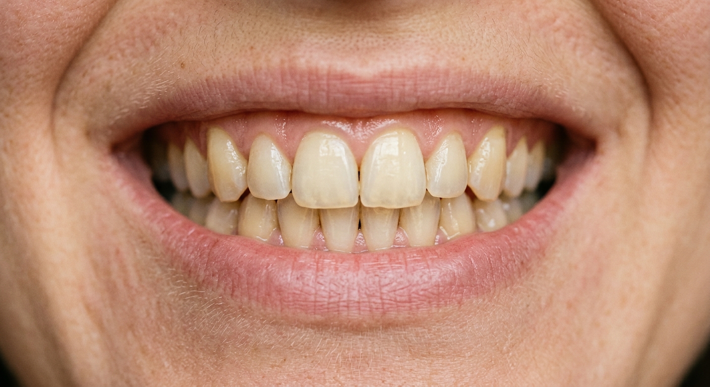 A healthy smile, dulled by years of coffee, tea, and time.