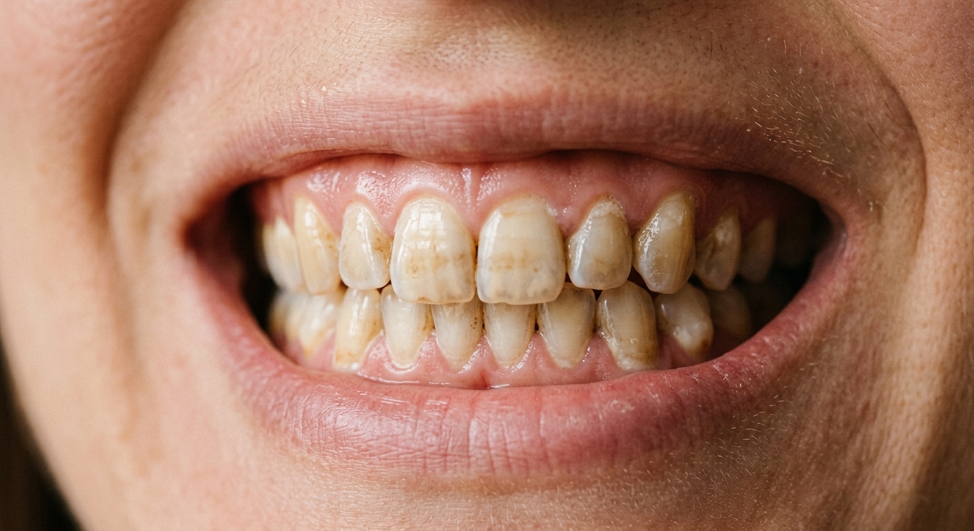 Surface stain and buildup along the gumline, the part a toothbrush cannot reach.