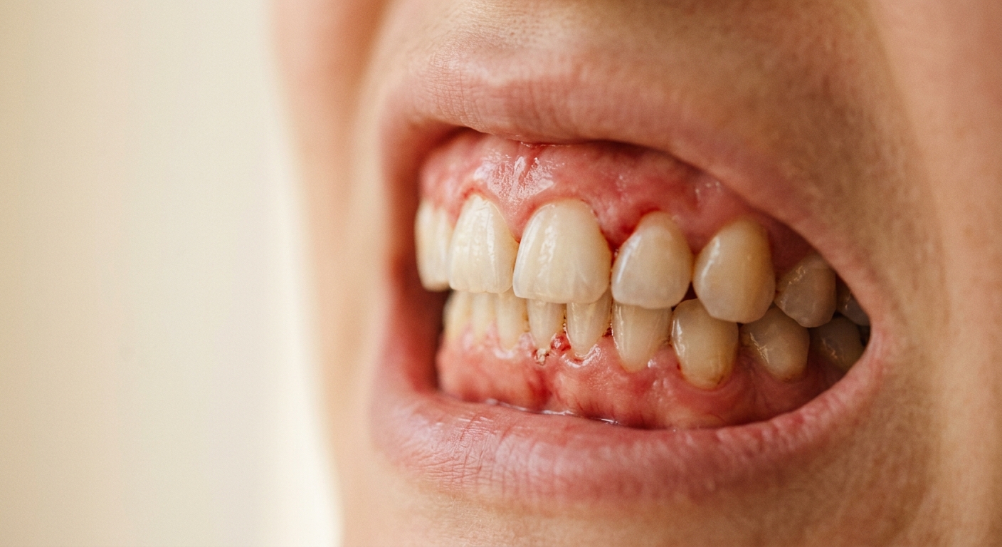 Gums slightly red and puffy at the edges, the earliest honest signal.